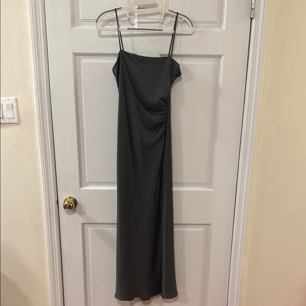 ZARA dark Olive Green Elegant Spaghetti Strap satin midi Dress